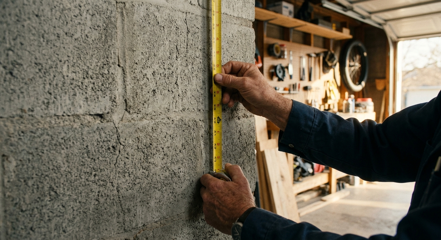 ידיים של גבר מודדות קיר בלוקים מבוטון בעזרת סרט מידה צהוב בתוך סדנת עבודה
