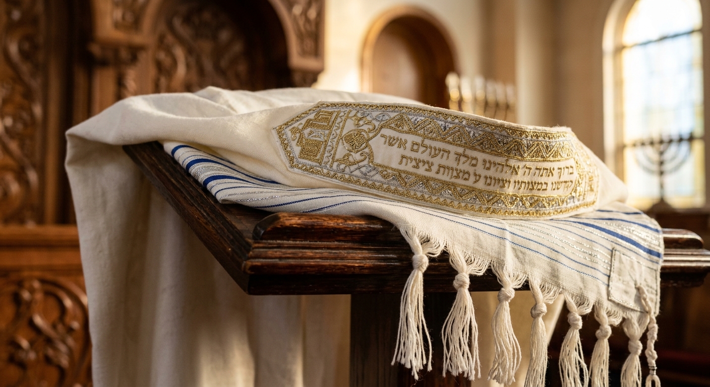 טלית יהודית מסורתית עם פסים כחולים וברכה רקומה בזהב מונחת על סטנדר מעץ בבית כנסת.